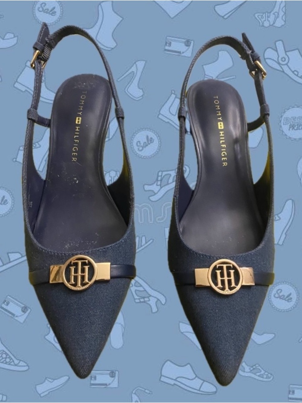 Tommy Hilfiger Navy Pointed Toe Slingback Mules with Gold TH Emblem size 8.5